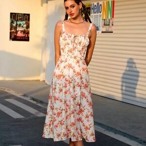 Floral Midi Dress with Slit and Corset Details